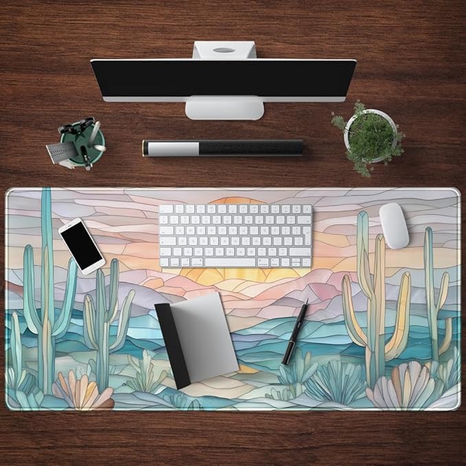 Desk Mat Gaming Abstract Ocean Desk Pad Large Mouse and Keyboard Pad, Faux Stained Glass Sun & Waves Mouse Mat XXL Desk Protector, Computer Mats for Desktop Sun & Waves Office Decor 31.5" X 15.7"