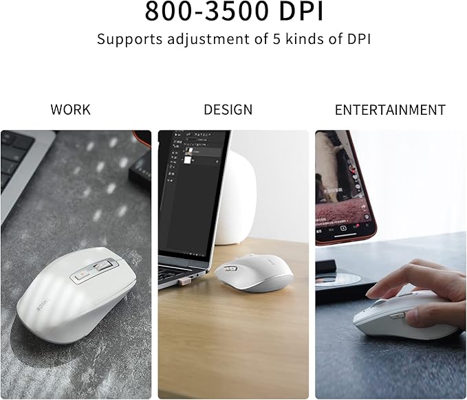 TMICE Wireless Bluetooth Mouse, Dual-Mode, 500mAh Battery, 5 DPI Adjustment, 10M Working Distance, White