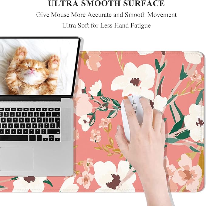 Desk Mat, 32" x 12" XXL Extended Large Gaming Mouse Pad, Desktop Decor Desk Pad, Cute Men Women Office Supplies and Accessories, XL Mouse Mat for Laptop & Keyboard, Pink White Flowers