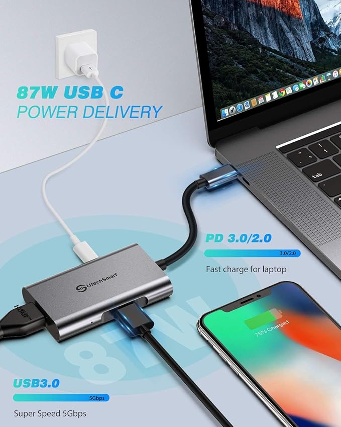 UtechSmart HDMI to USB C Adapter, 4-in-1 USB C Hub, Dual HDMI Adapter with 4K, USB C to USB Adapter for MacBook Pro Air, Dell, HP, Microsoft, Chromebook, Lenovo, iPhone 16 (100W PD USB 3.0)