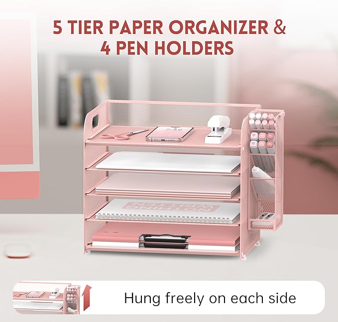 SUPEASY 5 Tier Desk Organizer with Handle & Removable Pen Holders, Mesh Paper/File Organizer for Desk, Paper Letter Tray Organizer for Office Supplies (Pink)
