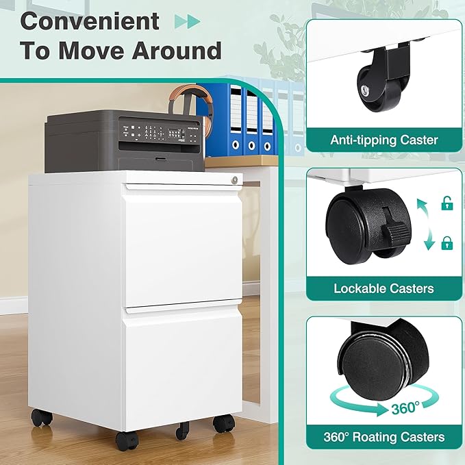 SISESOL Assembled 2 Drawer File Cabinet on Wheels,Metal Filing Cabinet with Lock,White Rolling File Cabinets,Under Desk Office Cabinets for Home Office,Fit A4/Letter/Legal,Pre-Assembled Except Caster