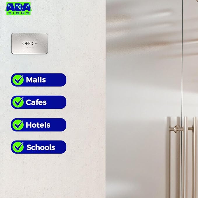 ADASigns Office Sign 7”x4” - Durable Brushed Aluminum with Grade 2 Braille - Easy Installation with Strong Double Sided Adhesive Tape - ADA Compliant office door signs for Businesses & Offices
