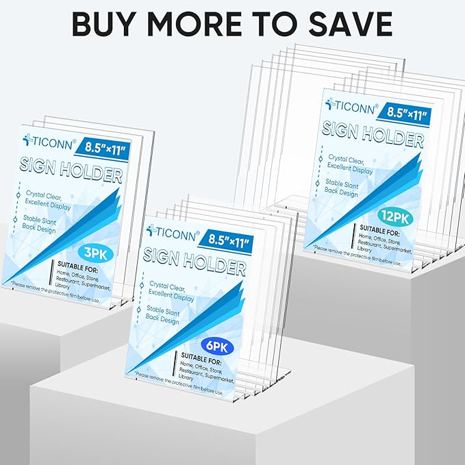 TICONN 8.5 x 11 Acrylic Sign Holder, L Shape Clear Sign Stand for Displaying, Plastic Paper Holder for Office, Store, Restaurant (Vertical 6 Pack)