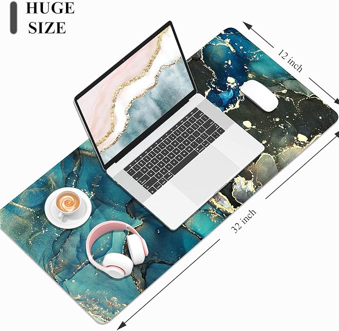 Desk Mat, 32" x 12" XXL Extended Large Gaming Mouse Pad, Desktop Decor Desk Pad, Cute Men Women Office Supplies and Accessories, XL Mouse Mat for Laptop & Keyboard, Teal Marble