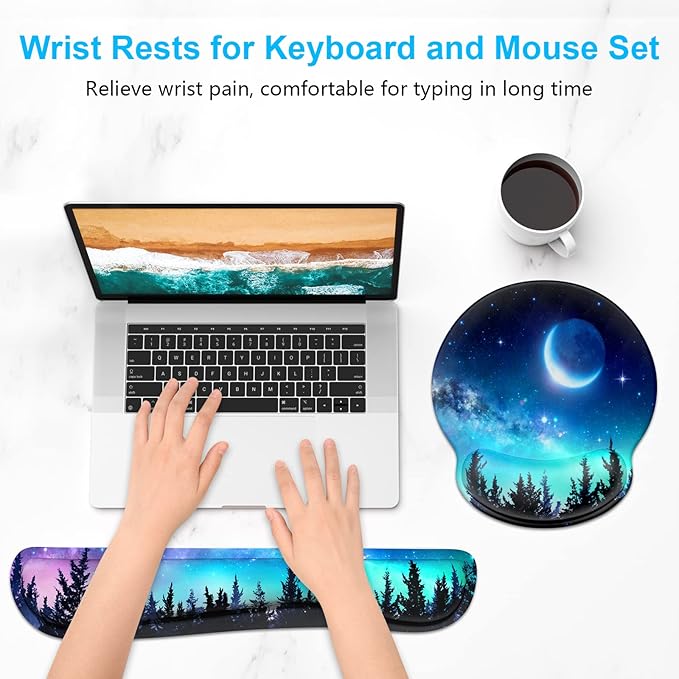 Dapesuom Keyboard Wrist Rest and Mouse Pad with Wrist Support, Cute Memory Foam Cushion for Keyboard and Mouse Set, Ergonomic Desktop Pad Rests with Non Slip Base for Easy Typing & Pain Relief, Moon