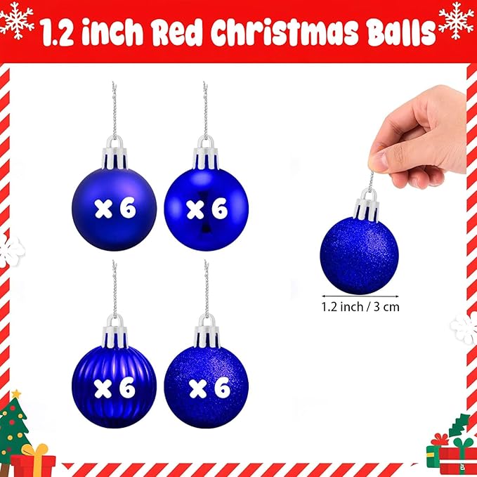 Set of 24 Small Blue Christmas Ornaments Balls for Christmas Tree, 1.2 inch Mini Blue Ornaments for Mini Tree, Tiny Plastic Shatterproof Hanging Bulbs Xmas Valentine Party Indoor Outdoor Decorations