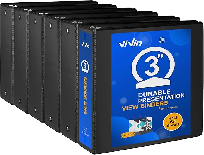 ViVin 3 Ring Binder 3 inch with Clear View Cover, Large 3" Round Ring for Strength, Holds 600 Sheets of US Letter Size Paper, Office Home School, 6 Pack (Black)