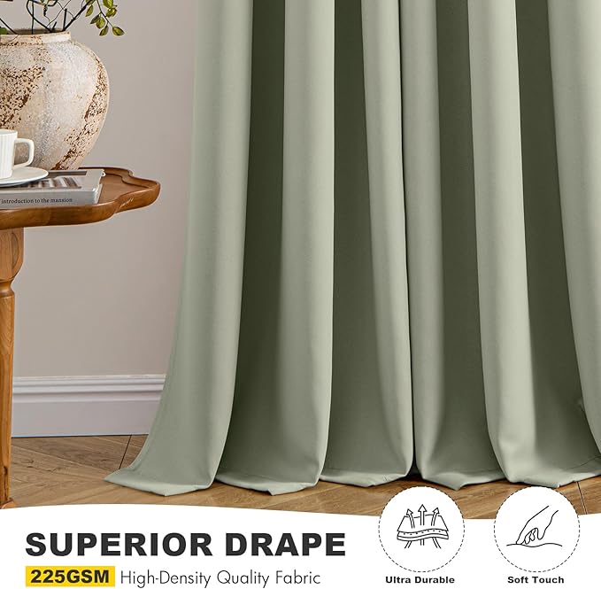MIULEE Sage Green Blackout Curtains for Bedroom Living Room 96 Inches Long 2 Panels, Thermal Insulated Room Darkening Drapes Solid Grommet Top Noise Reducing Light Green Window Treatments 40x96 Inch