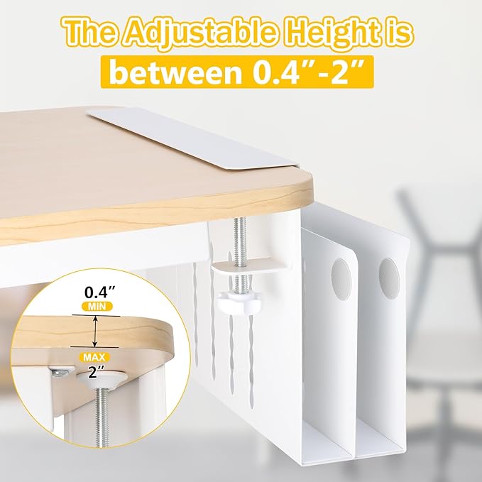 2 TIER Desk Side Storage Upgraded Under Desk Organizer, No Drill Hanging Laptop Holder Under Desk, Clamp-On Table Side Tray Steel Desktop Organization for Office and Home (White)