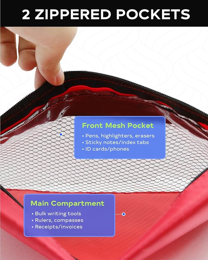 3 Ring Binder Pencil Pouch - School Pencil Case with 2 Zippered Pockets, Clear Mesh Window Pencil Bag, B5 Size, Back to School Gifts (Red)