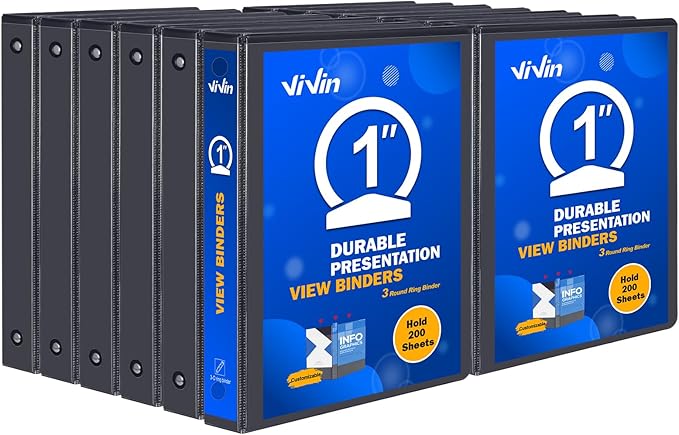 3 Ring Binder 1 Inch, ViVin Sturdy 1"-Round Ring Binder with 2 Interior Pockets, Clear View Cover, PVC-Free, Fits 200 Sheets of 8.5'' x 11'' Paper, Office Home School (12 Pack, Black)