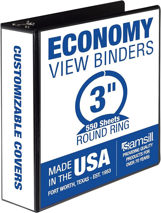 Samsill 3 Inch 3 Ring Binder, Made in USA, Economy Round Ring, Clear View Cover, 550 Sheet Capacity - for School, Home, Office - Charcoal Black