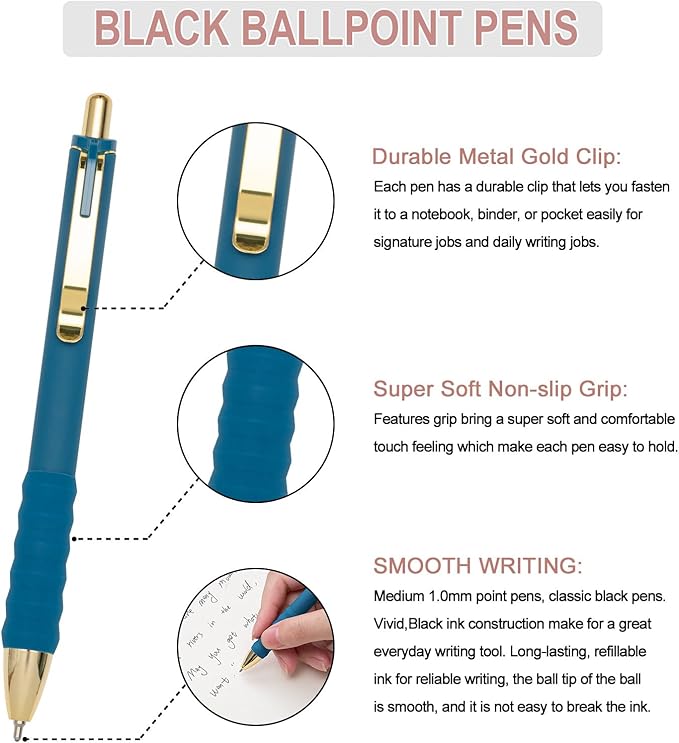 Linbsunne Ballpoint Pens Black Medium Point 1mm Pen with Super Soft Grip Ball Point Pen for Men Women Retractable Pens (Vintage-18 pcs)