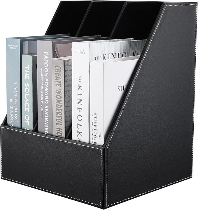 KINGFOM Desktop Wooden Leatherette Magazine File Holder-Organizer-3 Compartment Stand Rack-Papers Storage Box (black)