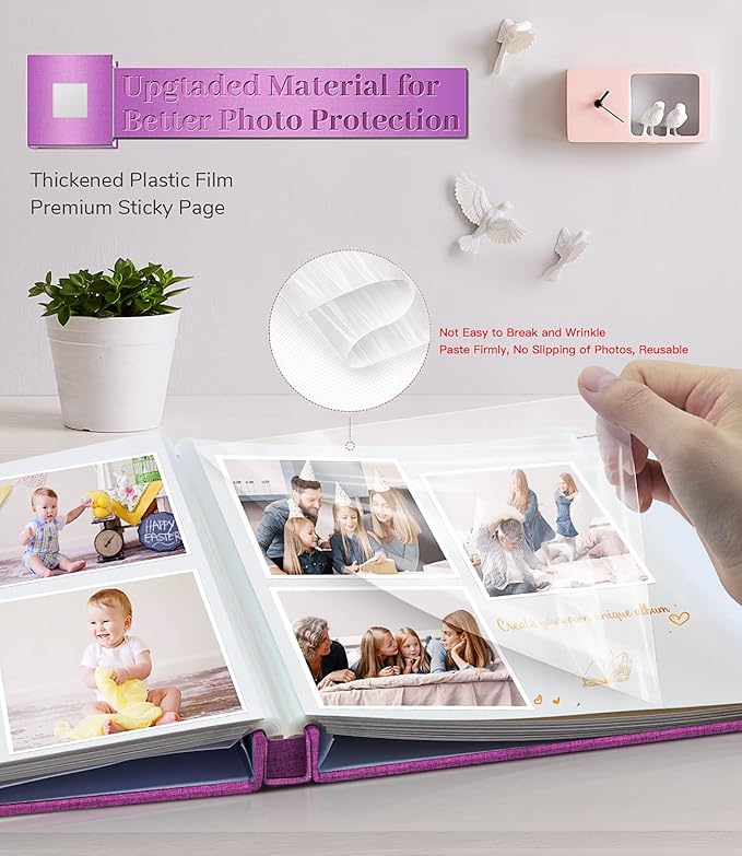 Photo Album Self Adhesive Scrapbook Album for 3x5 4x6 5x7 8x10 Pictures,60 Pages Linen Cover with Display Window DIY Photo Book,Ideal Gifts for Family Travel Wedding Baby