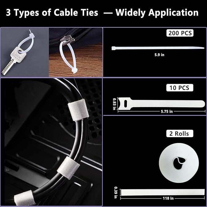 White Cable Management Organizer Kit 4 Cable Sleeve Split,47Cable Clips 12Cord Clips Holder,22 Cable Ties, 20 Adhesive Wall Cable Tie, 200Fasten Cable Ties for TV Electronics