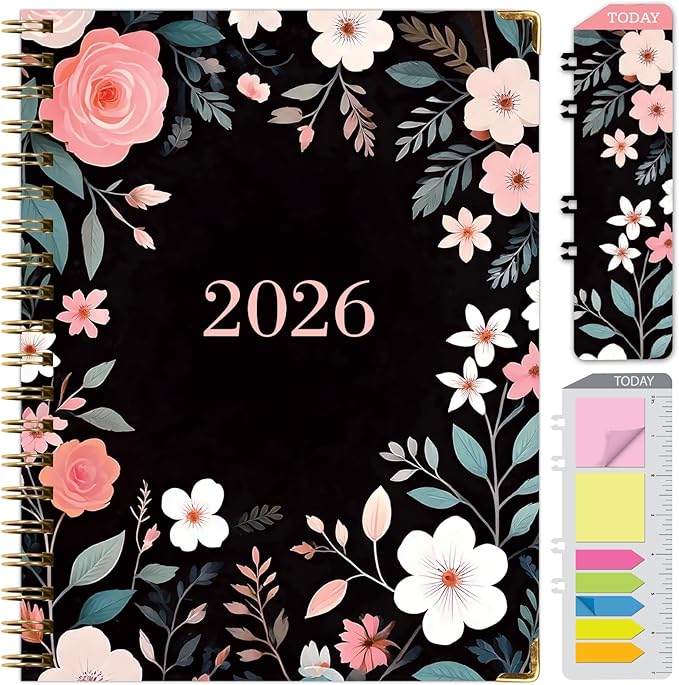 HARDCOVER 2026 Planner, 8.5"x11": 14 Months (November 2025 - December 2026), Daily Weekly Monthly Planner, Yearly Agenda, Bookmark, Pocket Folder and Sticky Note Set (Black Floral Pink)
