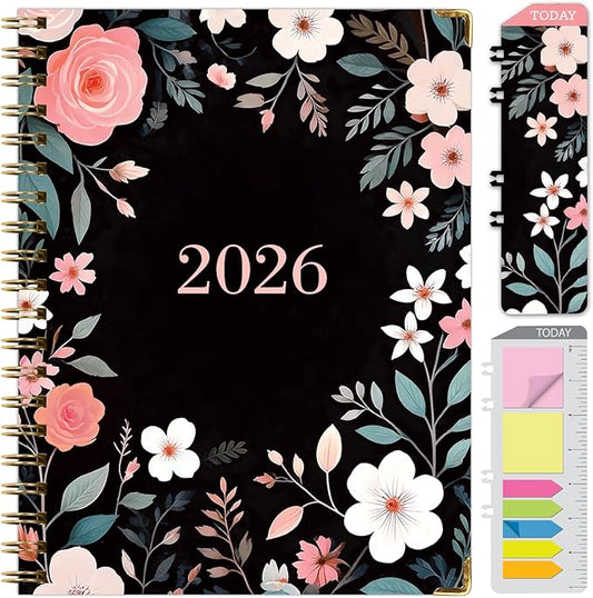 HARDCOVER 2026 Planner, 8.5"x11": 14 Months (November 2025 - December 2026), Daily Weekly Monthly Planner, Yearly Agenda, Bookmark, Pocket Folder and Sticky Note Set (Black Floral Pink)