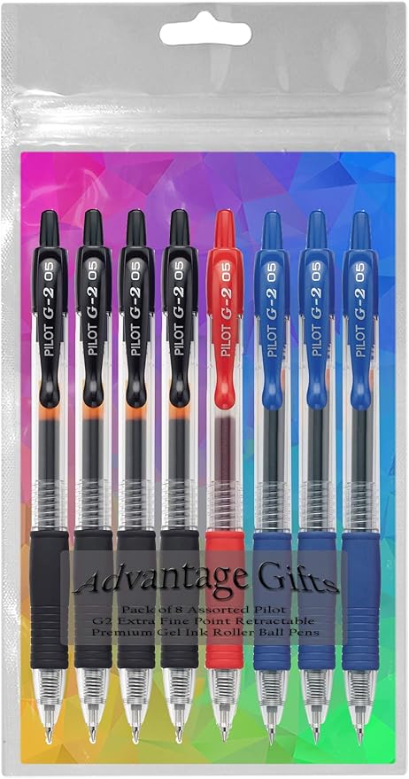 G2 Retractable Premium Gel Ink Roller Ball Pens Extra Fine Point (.5mm) Black/Blue/Red Ink 8 pack; Refillable & Premium Comfort Grip Bundle with Plastic Reusable Pouch