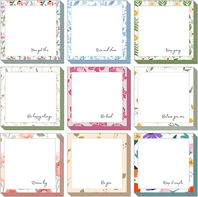 9 Pieces Flowers Designed Sticky Note Adhesive Cute Memo Notes Self-Stick Note Pads for Back to School Decorations Home Classroom Office Party Decor