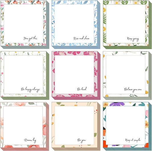 9 Pieces Flowers Designed Sticky Note Adhesive Cute Memo Notes Self-Stick Note Pads for Back to School Decorations Home Classroom Office Party Decor