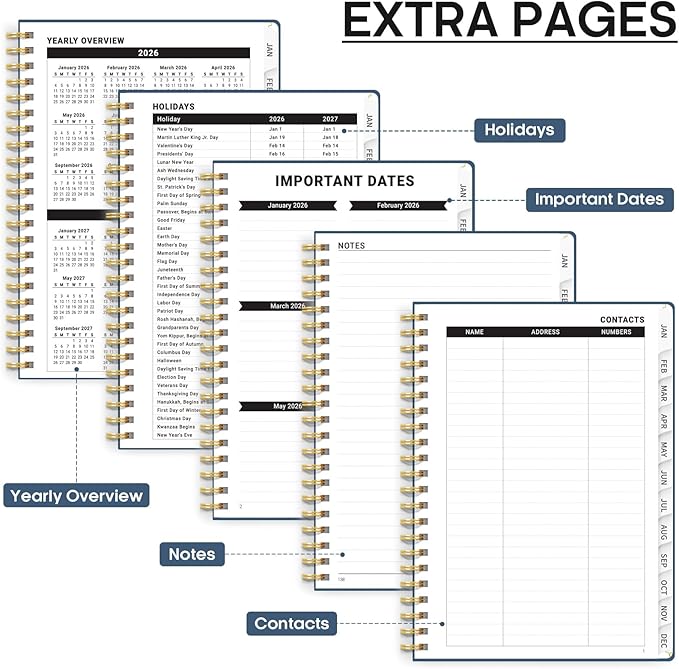 2026 Planner, Weekly and Monthly Calendar Planner, January 2026 - December 2026, Hardcover 2026 Calendar Planner Book with Tabs For Women & Men, Inner Pocket, Spiral Bound, Perfect for Office Home School Supplies - A5 (6.3" x 8.5"), Navy