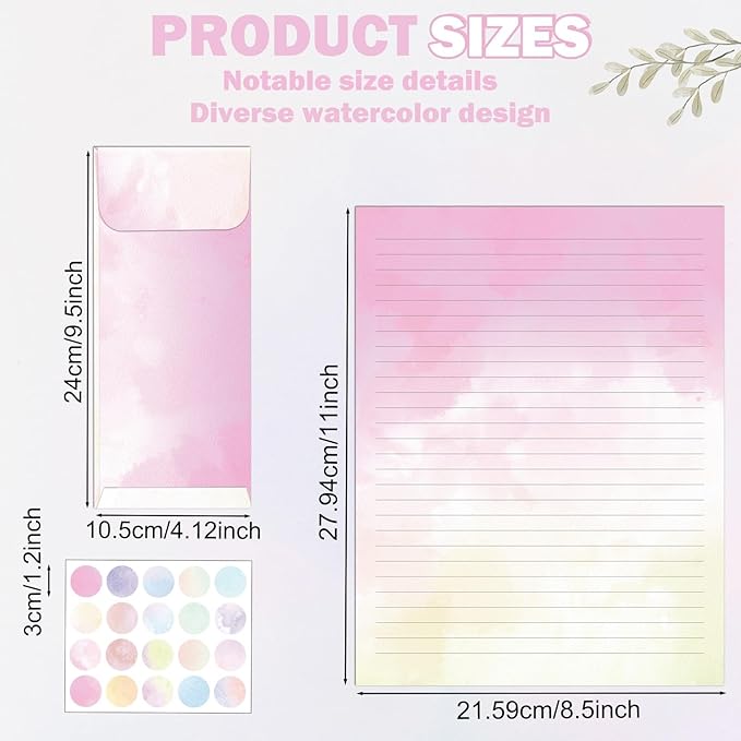 250Pcs Watercolor Stationery Paper and Envelope Set with 100 Letterhead Papers and 50 Envelopes, 10 Design for Letter Writing Invitations Computer Holidays Party Notes, 8.5x11 Inch-Lined
