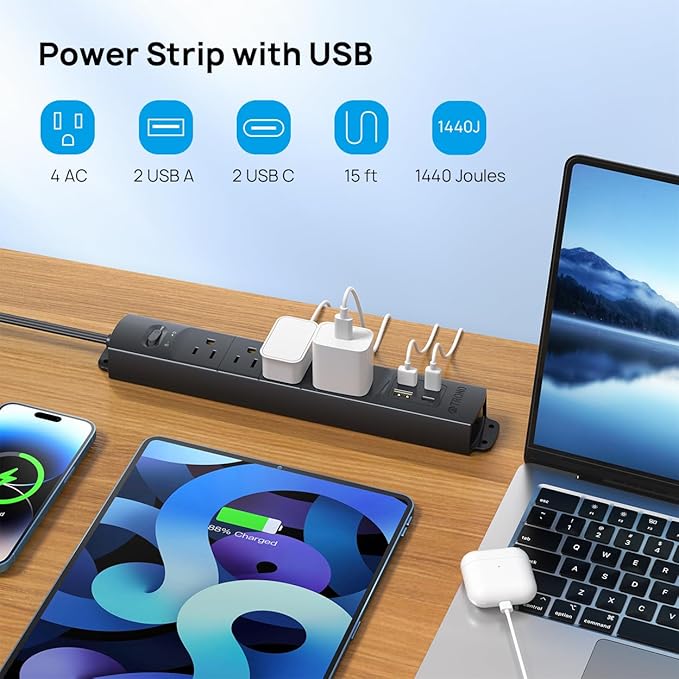 TROND 15ft Long Extension Cord with 2 USB C, ETL Listed, Ultra-Thin Flat Plug Power Strip, Slim Surge Protector, 4 Outlets 4 USB Ports, Wall Mount, Office Accessories Dorm Room Essentials, Black