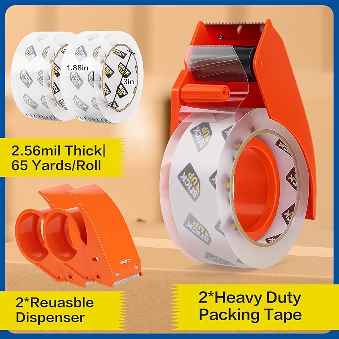 STICK UP 2 Pack Packing Tape with 2 Dispensers, 1.88 inch x 65 Yds (130 Yds Total) Heavy Duty Shipping Tape, Strong Adhesive Clear Packaging Tape for Moving Boxes, Shipping, Mailing