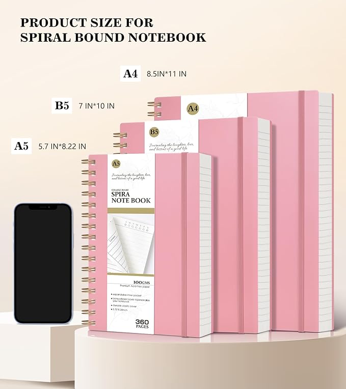 Pink Spiral Notebook Journal,360 Pages College Ruled Notebook, Lined Thick Journals for Women Men,A5 Thick Spiral Journal for Writing,100GSM Paper, Spiral Notebooks for Work School 5.5"x8.5"