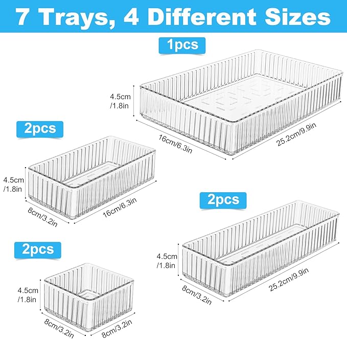 HOTOOLME 7PCS Clear Drawer Organizers Bins, 4 Size Stackable Makeup Drawer Organizer, Desk Plastic Drawer Storage Trays, Bathroom Drawer Storage for Cosmetics, Office Supply, Kitchen Utensils