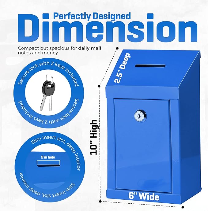 Metal Donation Box-Suggestion Box with Slot and lock-Cash Lock box for Money-Secure Drop Box-Comment and ballot voting box-comes with pre-drilled holes for easy wall mounting 10 X 6 X 2.5"(Blue)