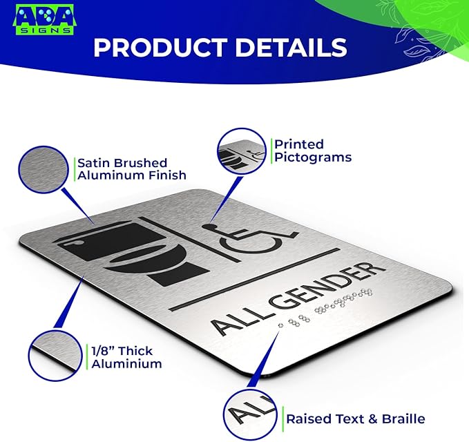 ADASigns All Gender Bathroom Sign with Wheelchair Symbol Sign – 6" x 9" Durable Brushed Aluminum with Braille & Strong Adhesive Tape – Weatherproof ADA Compliant Bathroom Signs for Home & Business