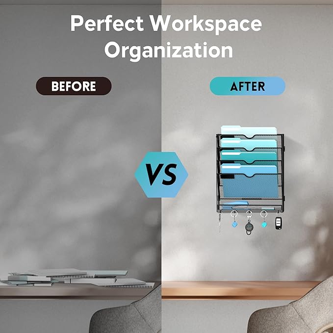 Wall File Organizer with 5 Hooks 5 Tier Hanging File Organizer, Vertical Wall Mount Mail Organizer for Papers, Folders, Magazines, Bills, Office&School Organization, Black