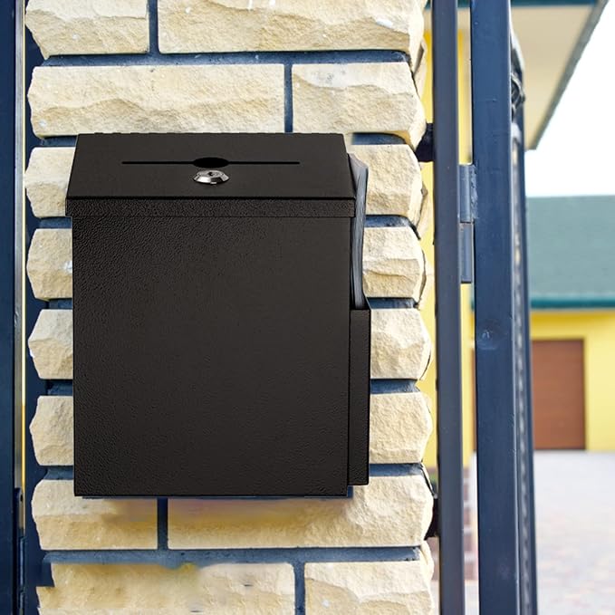 TOPZEA Suggestion Box with Slot and Lock, Wall Mounted Ballot & Donation Box, Metal Comment Collection Box Key Drop Box with 50 Free Suggestion Cards for Office, Hotel, Church, Black, 9"x 7.4"x 6"