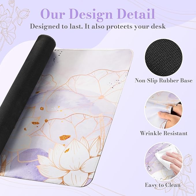 iCasso Desk Cover Mat, Extra Large Lotus Mouse Pad, Desk Pad Mat,Office Matt for Desktop Protector, Anti-Slip XXL Big Mousepad with Stitched Edges for Laptop Computer Keyboard(Purple Lotus Leaf)