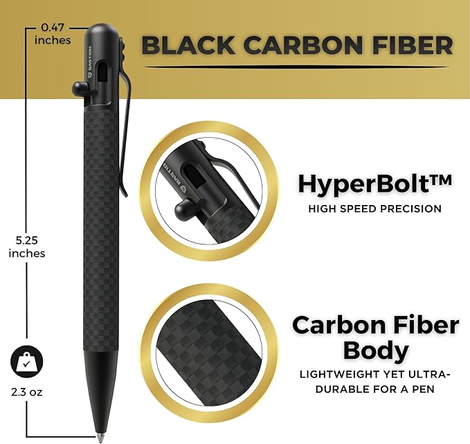 BASTION® Luxury Carbon Fiber Bolt Action Pen Durable Professional Ballpoint Pen for Travel, School and Work Birthday Gift Idea - Black Stainless Steel