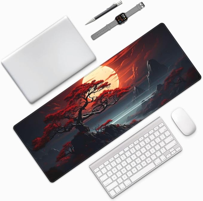 Darkness Red Moon Desk Mat Japanese Mouse Pad, Large Japanese Desk Mat, XL Anime Gaming Keyboard Mat, Non-Slip Rubber Base, Big Extended Desk Protector for Home Office, 31.5”x11.8”
