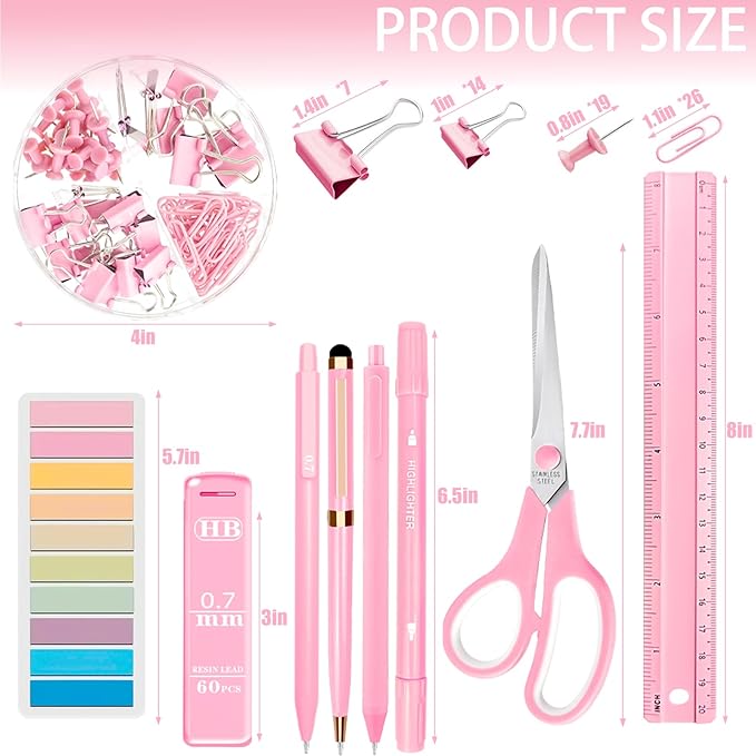 Pink Desk Accessories Set - 16 Pcs Pink Office Supplies with Stapler, Tape Dispenser, Pen Holder, Staple Remover, Hole Punch, Practical Aesthetics Desk Sets for Office, Home, School Women