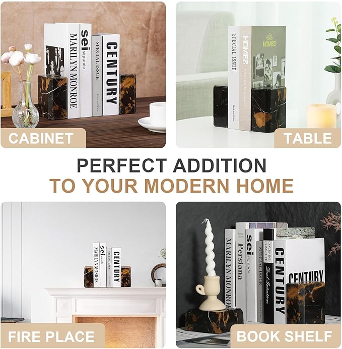 BCS Italy Natural Marble Bookends for Shelves, 7lbs Decorative Book Ends for Heavy Books, Athenian Column Stone Book Holders, Office Bookshelf Stopper Decor for Books, CDs, Video Games (Nero Portoro)