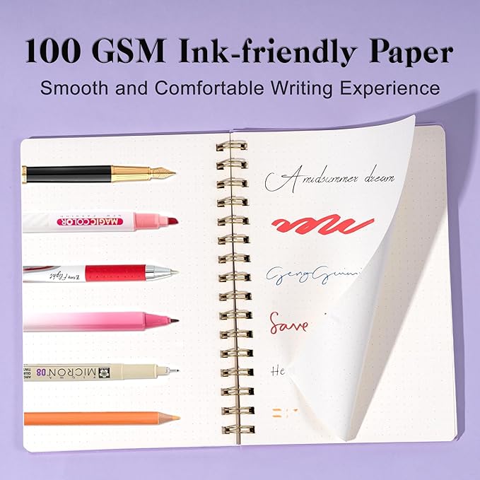 Dot Grid Spiral Notebook A5 Spiral Bullet Dotted Journal 160 Pages Thick Dot Paper Notebooks Plastic Hardcover Spiral Notebook 5x7 Wire Bound Notebooks for Note Taking School Office Supplies,Purple