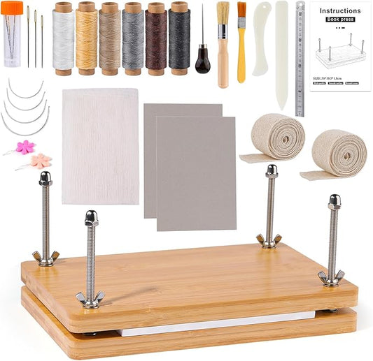 JUPEAN Book Binding Kits, Book Press, 7.9”x11.6”, Books Making Kit Bookbinding Supplies with Wooden Binding Press Books Cover Board Bone Folder Awl Bind Strap for DIY