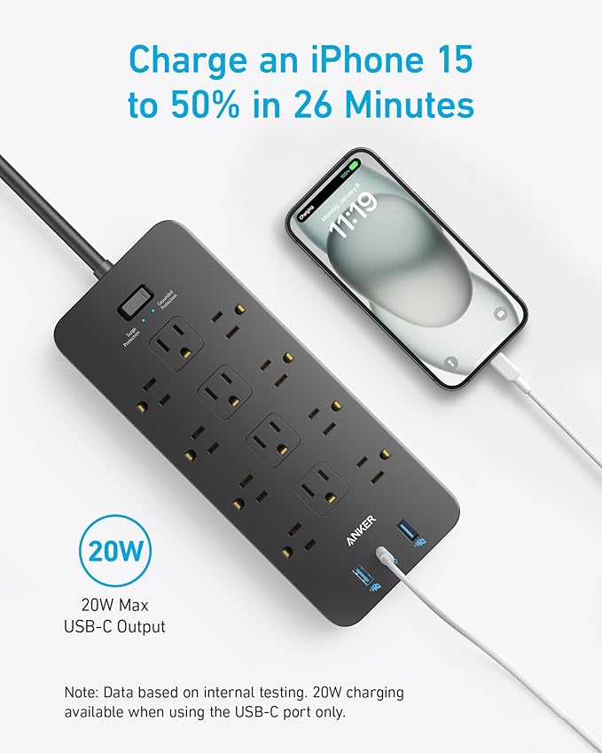 Anker Power Strip with 3 USB Ports, Surge Protector (2100J-10ft), 12 Outlets, 2 USB-A Ports and 1 USB-C Port, Works with iPhone 16/16 Plus/16 Pro/16 Pro Max, for Home, Office, TUV Listed