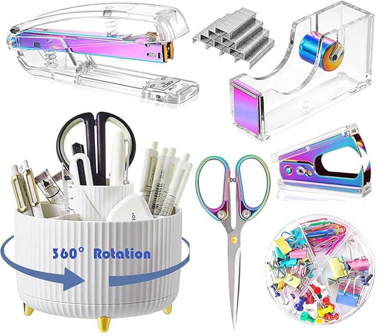 Desk Organizers and Accessories Set with 360-Degree Rotating Pen Holder, Acrylic Stapler, Tape Holder, Staple Remover, Binder/Paper Clips Kit, Scissor and 1 Box of Staples