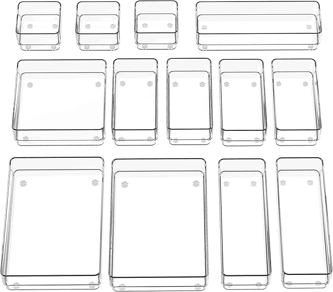 SMARTAKE 13-Piece Drawer Organizer with Non-Slip Silicone Pads, 5-Size Desk Drawer Organizer Trays Storage Tray for Makeup, Jewelries, Utensils in Bedroom Dresser, Office and Kitchen (Clear)