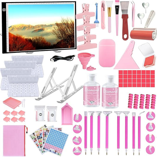 NLXCXUCY 244Pcs Diamond Art Accessories Kit All-Inclusive Diamond Painting Tool Set with A3 Diamond Painting Light Pad,Diamond Art Sealer Glue, Diamond Correction Pens, Storage Box for DIY Craft