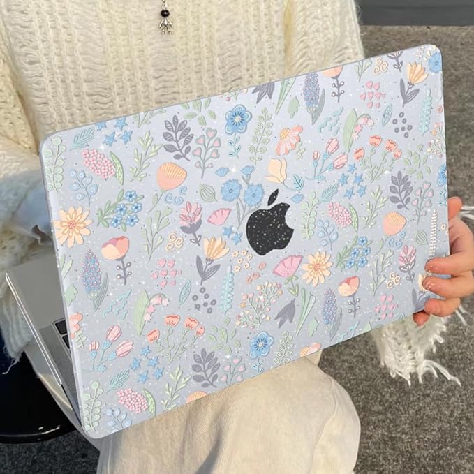 Compatible with 2025 MacBook Air 13.6 inch Case M4 A3240 Cover, Shiny Pattern Plastic Hard Shell Case Keyboard Skin for Mac Air 13.6 M2 A2681 M3 A3113 2024-2022 Release, Starry Sky Flowers