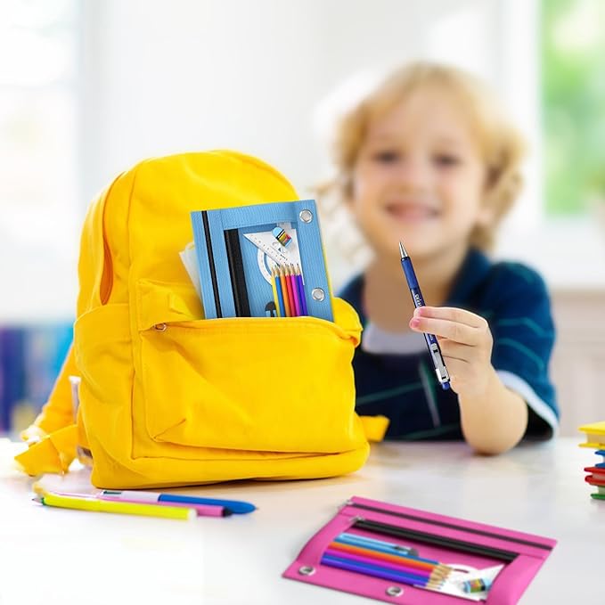 DoDoMagxanadu Binder Pencil Pouches, Pencil Pouch for 3 Ring Binder, Double Pocket Clear Window Pencil Case for Binder, Zippered Pencil Pouches with Rivet Enforced 3 Ring, 12 Pack