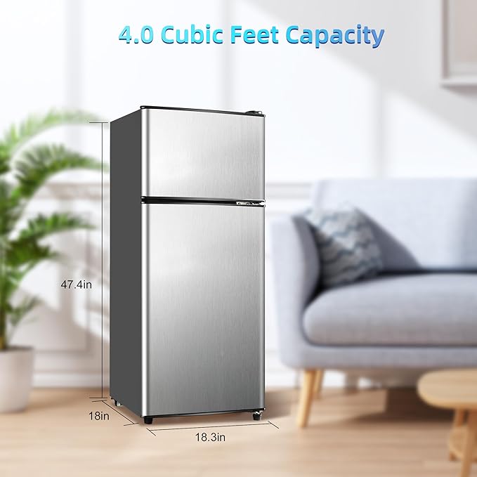 Mini Fridge with Freezer, 4.0 Cu. Ft. Double-Door Mini Refrigerator with 7-Level Adjustable Thermostat & Adjustable Glass Shelves, Compact Dorm Fridge 37 dB Low Noise for Bedroom, Apartment, Silver